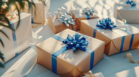 Gifts in beige and blue colours. An array of gift boxes adorned with blue ribbons and bows. Soft...