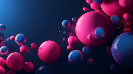 Shiny spheres of various sizes in a gradient of pink to blue. Digital art a website background,...