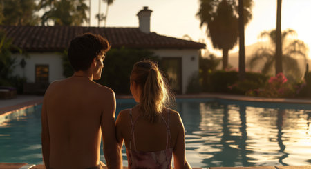 Silhouette image of a young couple, facing a sunset. They are standing by a pool. Silhoutte couple,...