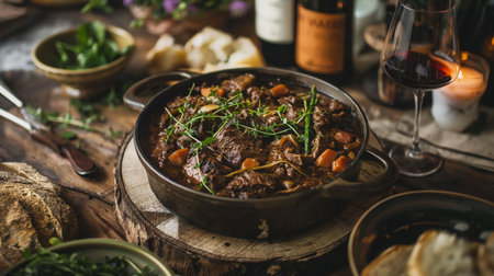 Hearty beef stew on rustic table. Fresh ingredients. Home-cooked meal. Tender beef, potatoes,...