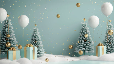 3D Merry Christmas and Happy New Year festive. Christmas trees, gifts box in snow drift, golden...