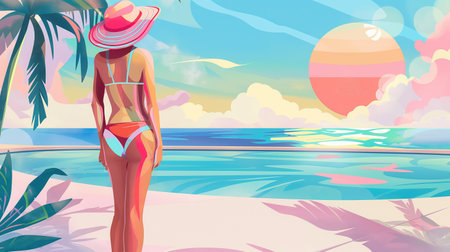 Illustration of a woman wearing a swimsuit and a hat, standing on a sandy beach with palm, looking out at ocean. Vibrant illustration of young woman standing by a tropical beach. Vacation at seaの写真素材