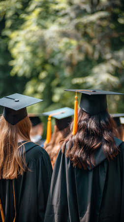 Rear view of university graduates wearing graduation gown and cap in the commencement day....