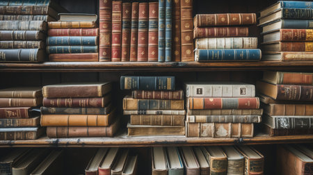 Stacked of books. Collection of old books stacked in a wooden bookshelf. Vintage, scholarly atmosphere. A close-up view of a collection of old books stacked showcasing a variety of aged spines.の写真素材