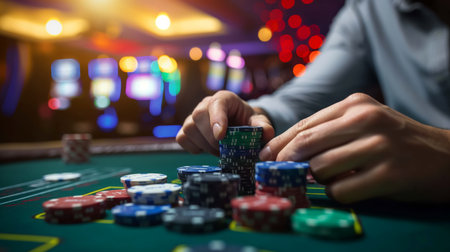 Close-up of hands stacking colorful casino chips on a green felt table. Vibrant image of multicolored casino table, with the hand and chips. Poker game, game business. Playing for money, a big win, a jackpot, gambling, a desire to get rich.の写真素材