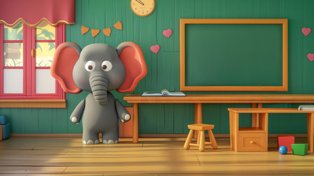 An elephant is next to the blackboard, at the teacher's desk, in a classroom. Cartoon elephant. Children simple Illustration. Illustration of a cute gray elephant standing next to a large green chalkboard in a classroom setting. The elephant cheerful. School and educationの写真素材
