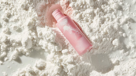 A pink container surrounded by powdery. Top view of a pink cosmetic product in white powder.の写真素材