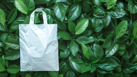 White Plastic bag mockup. White plastic bag template. Green leaves background. Environmental...