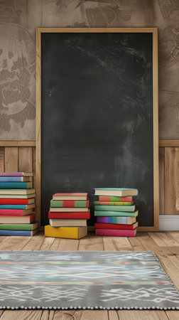 Back to school. Mockup black school board on the wall, stacks of books. A large blackboard with chalk leaning. Teacher's Dayの写真素材
