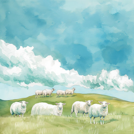 Flock of sheep, grassland and white clouds. Illustration of a serene pasture setting with a group of sheep grazing under a vibrant blue sky with white clouds. landscape. Across the field white sheep grazing peacefully.の写真素材