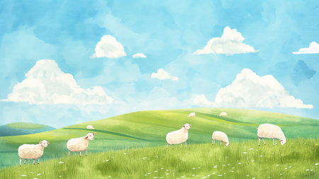 Flock of sheep, grassland and white clouds. Illustration of a serene pasture setting with a group of sheep grazing under a vibrant blue sky with white clouds. landscape. Across the field white sheep grazing peacefully.の写真素材