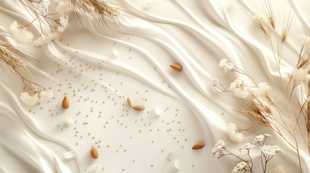 Beautiful white milk background with elements of almond cocoa and wheat, minimalist style, light background. Close-up yogurt with almond nuts, wheat ears, and oats. Swirl of creamy milk. Advertising of dairy products. Elegant background in creamy white, with almonds and wheat.の写真素材