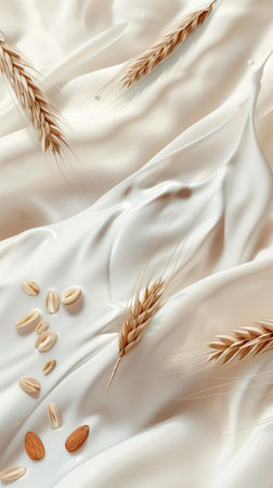 Beautiful white milk background with elements of almond cocoa and wheat, minimalist style, light background. Close-up yogurt with almond nuts, wheat ears, and oats. Swirl of creamy milk. Advertising of dairy products. Elegant background in creamy white, with almonds and wheat.の写真素材