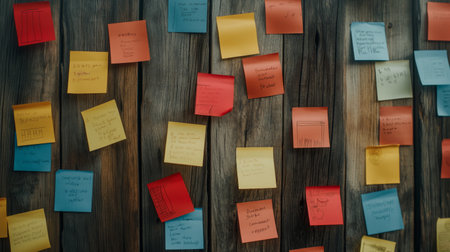 Sticky notes posted on a wooden wall. Each sticky note have a different color. A variety of colorful...