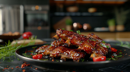 Close-up image of juicy barbecued ribs glazed with a glossy, red sauce on a dark plate. A plate of barbecue ribs on an elegant black wooden table, in the background you can see a kitchen. Close-up image of glazed barbecue ribs stacked on a plate.の写真素材