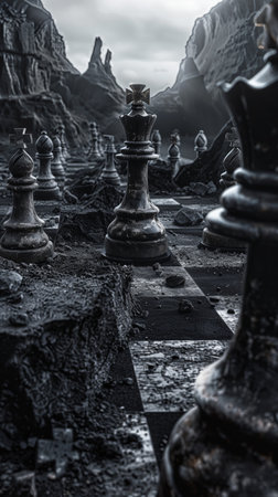 Strategic warfare, a forgotten battlefield with chess. Poetic, black and gray tones, retro style. A dramatic image of a chessboard set in a rugged, rocky terrain under a misty sky.の写真素材