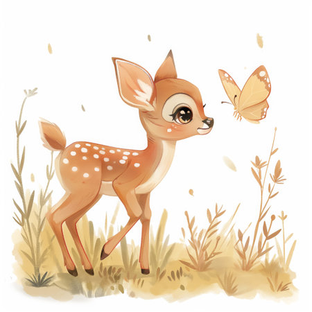 A cute fawn looking at a butterfly. illustration for a children's book. simple flat illustration, watercolor painting adorable style, pastel colorsの写真素材