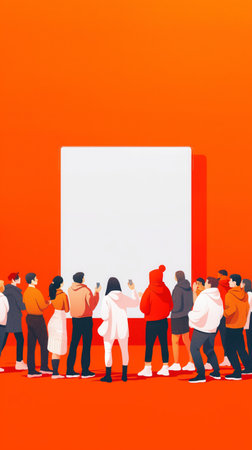 people engaging in a conversation , set against a vibrant orange background with abstract elements....