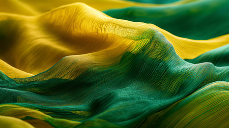 green and yellow fabric, vibrant. Close-up of a vibrant, textured fabric in shades of yellow and green. The fabrics fine texture. Close-up of a vibrant, textured fabric featuring a dynamic blend of yellow and green colors. Vivid image featuring undulating satin fabric in shades of green and yellow, showing soft folds and a smooth texture.の写真素材