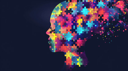 Silhouette of a human head composed of multicolored puzzle pieces against a dark background, symbolizing complexity, mental health, and problem-solving. Human head profile and full color puzzle, made up of puzzle pieces, cognitive psychology or psychotherapy concept, mental health.の写真素材