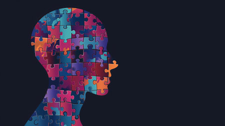 Silhouette of a human head composed of multicolored puzzle pieces against a dark background, symbolizing complexity, mental health, and problem-solving. Human head profile and full color puzzle, made up of puzzle pieces, cognitive psychology or psychotherapy concept, mental health.の写真素材
