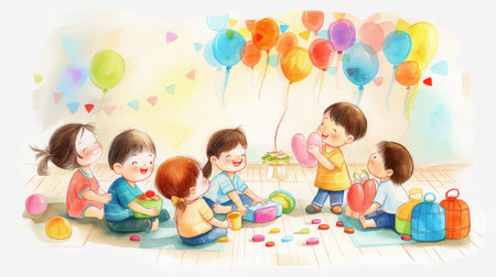 Cute illustration of children playing together in a room, water color, happy, bright, colorfull, cartoon. Colorful illustration of children playing in a room with toys scattered around.の写真素材