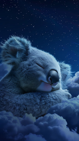 A cute koala sleeping peacefully on clouds, night blue dark sky background. Illustration of a sleeping koala nestled in fluffy white clouds under a starry night sky. Dreamy scene of a sleeping koala nestled in fluffy clouds.の写真素材