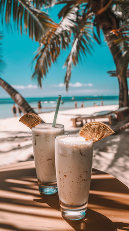 glasses with milkshake, on a table on the beach.の写真素材