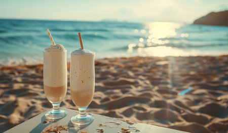 glasses with milkshake, on a table on the beach.の写真素材