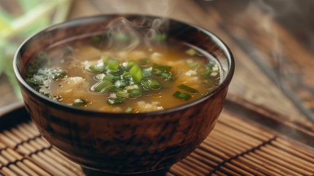 Close-up image of miso soup in a bowl, garnished with tofu cubes, green onions, and sesame seeds. The soup features a clear, golden broth.Traditional Asian soup. Menu, magazine, cookbook photoの写真素材
