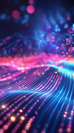 Abstract pink-blue neon waves, bokeh lights, data transmission concept, futuristic wallpaper. 3D...