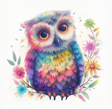 A cute owl. The owl with rainbow colours. flower details, placed closely around the owl. Illustration of a colorful owl with large, expressive eyes surrounded by vibrant flowers.の写真素材