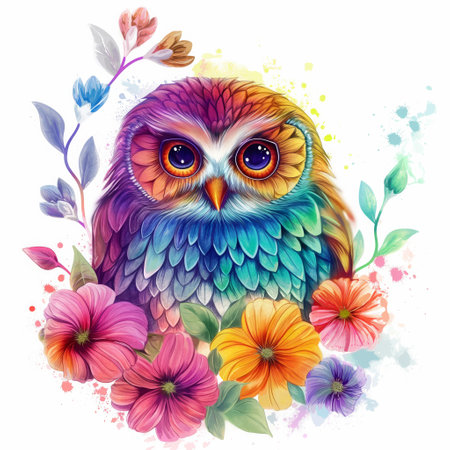 A cute owl. The owl with rainbow colours. flower details, placed closely around the owl. Illustration of a colorful owl with large, expressive eyes surrounded by vibrant flowers.の写真素材