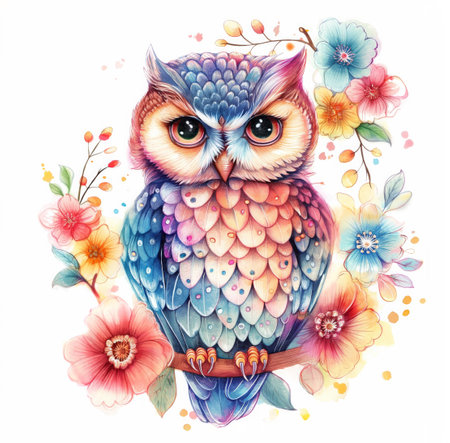 A cute owl. The owl with rainbow colours. flower details, placed closely around the owl. Illustration of a colorful owl with large, expressive eyes surrounded by vibrant flowers.の写真素材