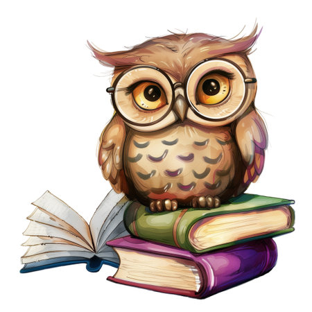 Adorable cartoon owl with glasses sitting on colorful books representing wisdom and knowledge. childrens illustrations. Cute cartoon owl wearing glasses sitting on stack of colorful booksの写真素材