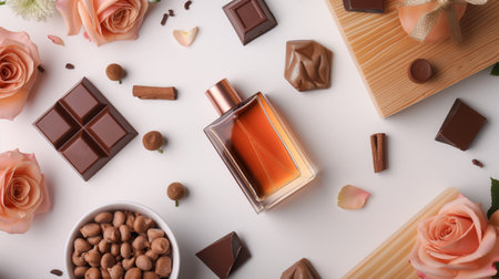 Top view, a rectangular perfume, roses, chocolate and wood. Elegant composition on a white background featuring a central perfume bottle surrounded by scattered dark and milk chocolate pieces, roses, and rose petals.の写真素材