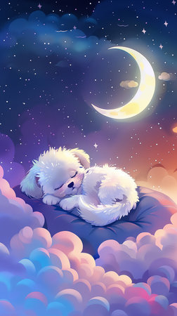 Illustration of a cute, fluffy white dog sleeping peacefully on a cloud under a starry night sky with a moon. dreamy and serene atmosphere. Style of a cartoon. The puppy has fluffy fur. Animated illustration of a white, fluffy dog sleeping peacefully on a cloud under a starry sky. Good nightの写真素材
