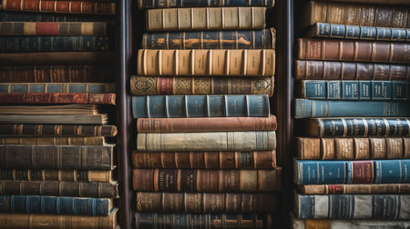 Stacked of books. Collection of old books stacked in a wooden bookshelf. Vintage, scholarly atmosphere. A close-up view of a collection of old books stacked showcasing a variety of aged spines.の写真素材