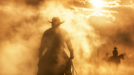 A bull rider shrouded in dust and smoke, a mysterious silhouette against the dusky West Texas sky, the sun clipping the horizon. Cowboy walking through misty landscape with horse, sun setting, creating dramatic silhouette. Silhouette of cowboy riding horse through dusty desert landscape during golden sunset.の写真素材