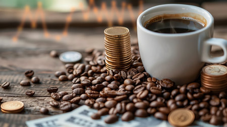 Increasing coffee prices. There are coffee beans and paper dollars, coins and cents around the cup. Price of a cup of coffee in the world is rising. Coffee business, finance and productivity concepts. Cup of coffee surrounded by scattered coffee beans and dollar bills symbolizes financial success and productivityの写真素材