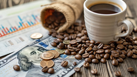 Increasing coffee prices. There are coffee beans and paper dollars, coins and cents around the cup. Price of a cup of coffee in the world is rising. Coffee business, finance and productivity concepts. Cup of coffee surrounded by scattered coffee beans and dollar bills symbolizes financial success and productivityの写真素材