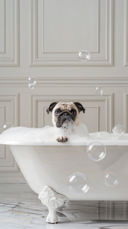 Adorable Pug dog in white oversized tub. Adorable pug with bubbles in white bathtub surrounded by...