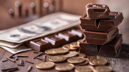 Chocolate bars and coins on table. Increasing prices for chocolate and its making. Price of...