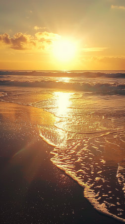 Sunset over the ocean with golden sunlight reflecting on waves . Tranquil and serene beach scene....