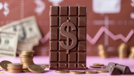 A dollar sign on a chocolate bar, the concept of increasing prices for chocolate and its production....