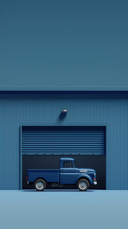 Vintage blue truck in front of blue garage door against industrial warehouse background clean design. storage service, blue truck, warehouse. logistics, storage, and transportation. logistic design concept, transportation and storage.の写真素材