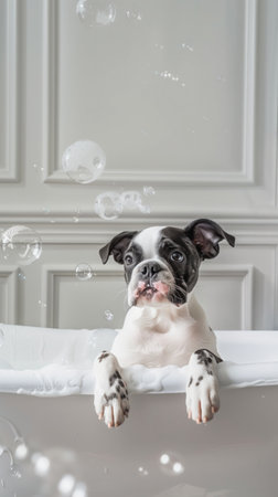 Adorable black and white French Bulldog puppy sitting in white bathtub with soap bubbles. cute pet bath time. Adorable black and white puppy enjoying bath in white modern bathroom. playful and cute moment.の写真素材