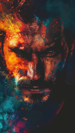 Dramatic portrait of a man with dark background, emotions and mystery. a handsome well-built man, T-Shirt Design. Close-up portrait of man with face painted in vibrant colors, exuding strength and determination. Dynamic portrait, dramatic lighting. concepts strength determination and emotionの写真素材