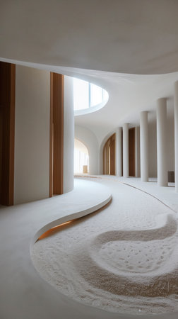Modern minimalist interior design with curved walls, neutral colors and natural light. Smooth lines,...