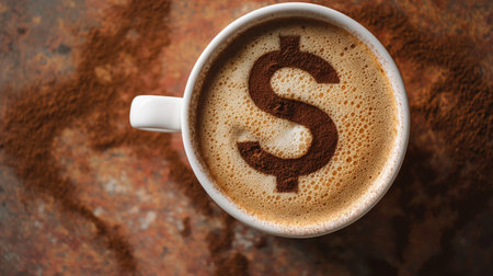 Latte art with dollar sign symbol made from cinnamon on frothy milk. Cup of cappuccino with dollar sign in foam symbolizes financial success wealth and business concept. dollar icon on coffee foam.の写真素材